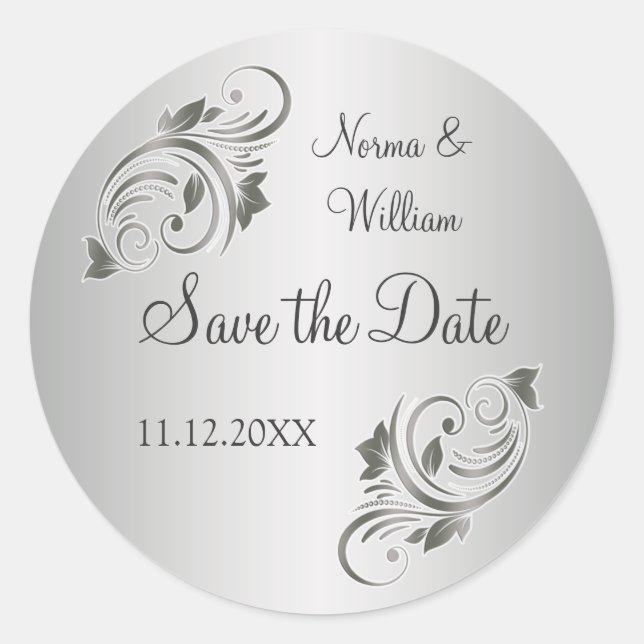 Silver grey floral swirls Save the Date Sticker (Front)