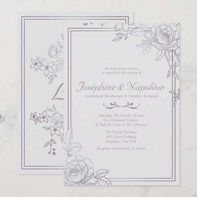 Silver, Grey Floral Wedding Invitations (Front/Back)