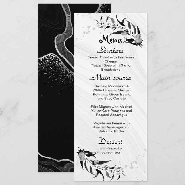 silver grey flowers & black leaves wedding menu (Front/Back)