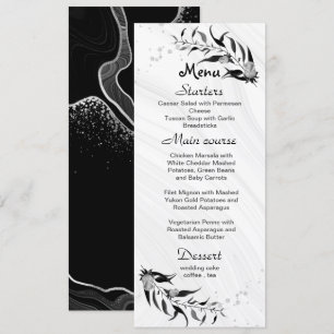 silver grey flowers & black leaves wedding menu