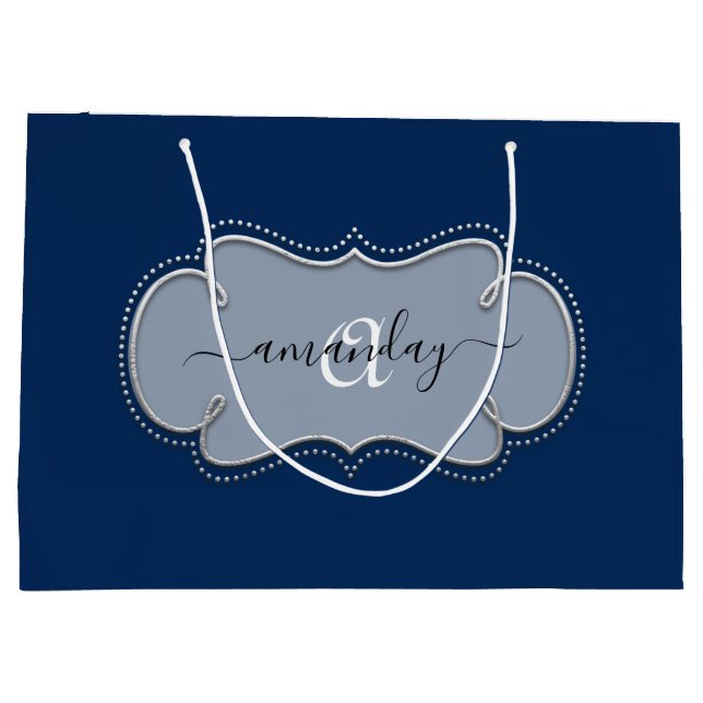 Silver Grey Framed Royal Monogram Name Blue Navy Large Gift Bag (Back)