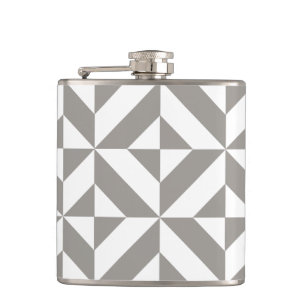 Silver Grey Geometric Deco Cube Pattern Hip Flask