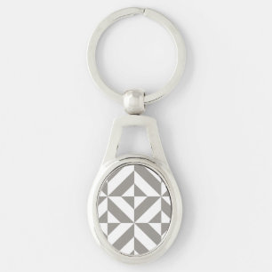 Silver Grey Geometric Deco Cube Pattern Key Ring