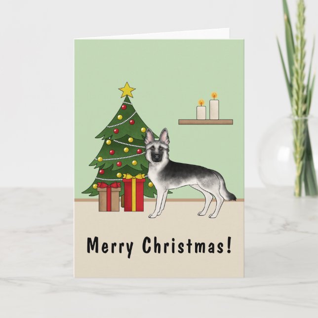 Silver Grey German Shepherd Festive Christmas Tree Card (Front)