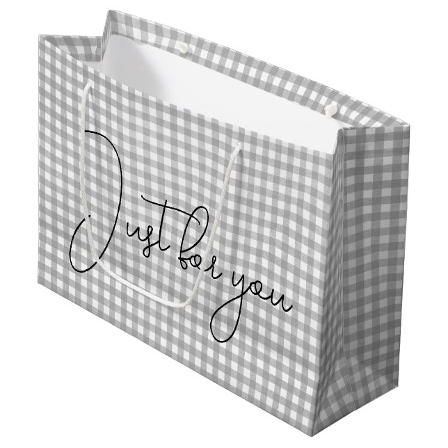 Silver Grey Gingham Print Large Gift Bag (Front Angled)