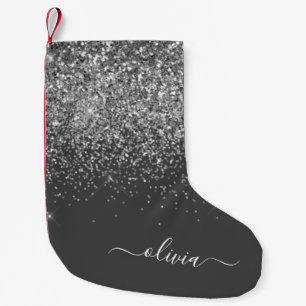 Silver Grey Girly Glitter Sparkle Monogram Name Small Christmas Stocking