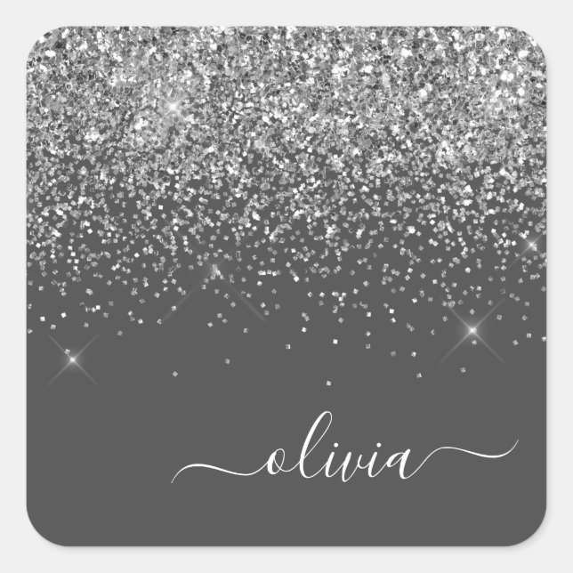 Silver Grey Girly Glitter Sparkle Monogram Name Square Sticker (Front)