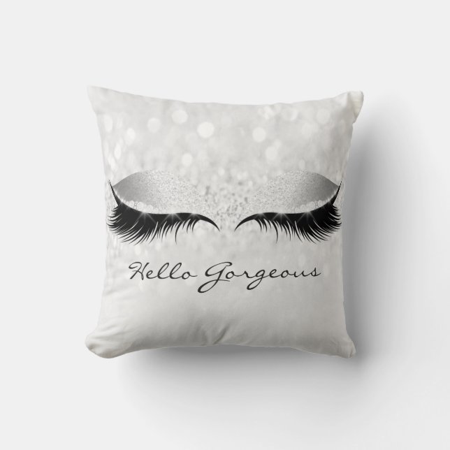 Silver Grey Girly Makeup Lashes Hello Gorgeous Cushion (Front)