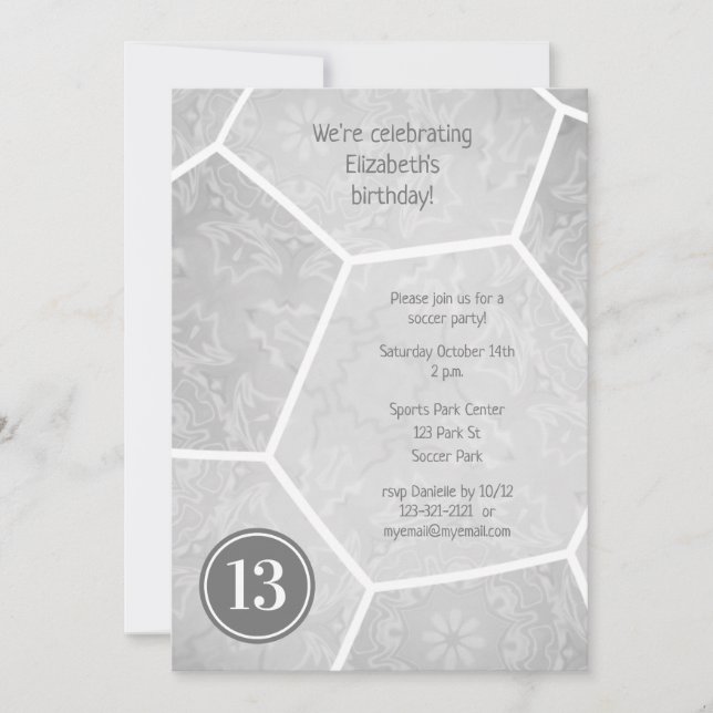 silver grey girly soccer birthday party  invitation (Front)