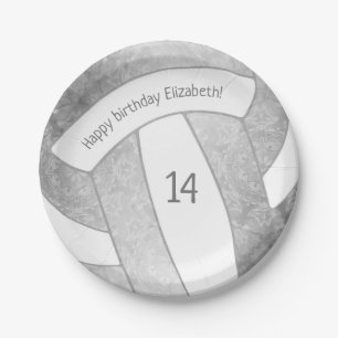 silver grey girly volleyball birthday party paper plate