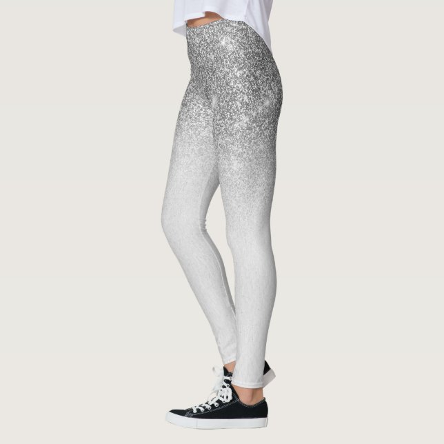 Silver Grey Glam Glitter Sparkle Ombre Trendy Leggings (Left)