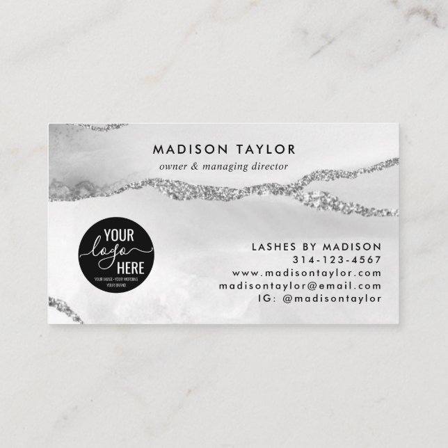 Silver Grey Glitter Agate Custom Logo Monogram Business Card (Back)