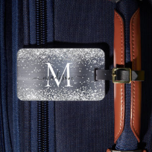 Silver Grey Glitter Brushed Metal Monogram Script Luggage Tag
