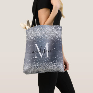 Silver Grey Glitter Brushed Metal Monogram Script Tote Bag