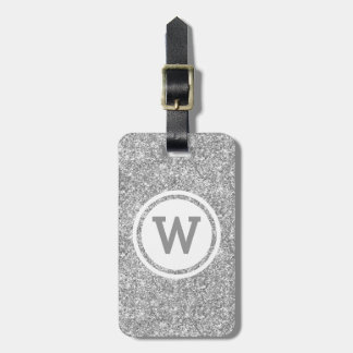 Silver Grey Glitter Circle Monogram Luggage Tag