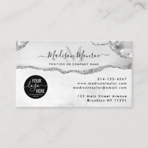 Silver Grey Glitter Custom Logo Agate Monogram Business Card