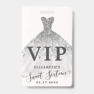 Silver Grey Glitter Dress Sweet 16 VIP Birthday ID Badge