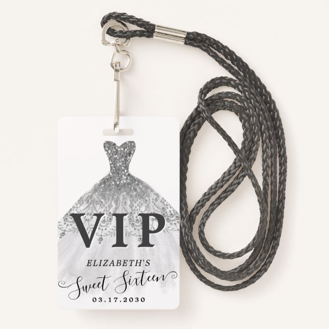 Silver Grey Glitter Dress Sweet 16 VIP Birthday ID Badge (Front with Lanyard)
