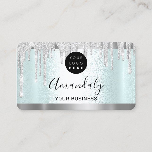 Silver Grey Glitter Drips Frame Qr Code Logo Aqua Business Card (Front)
