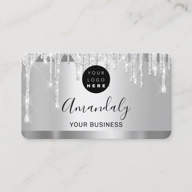 Silver Grey Glitter Drips Frame Qr Code Logo  Business Card (Front)