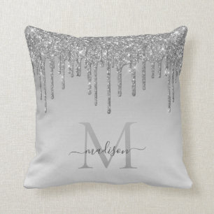 Silver Grey Glitter Drips Glam Monogram Script Cushion