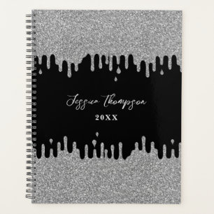 Silver Grey Glitter Drips Signature Script Planner