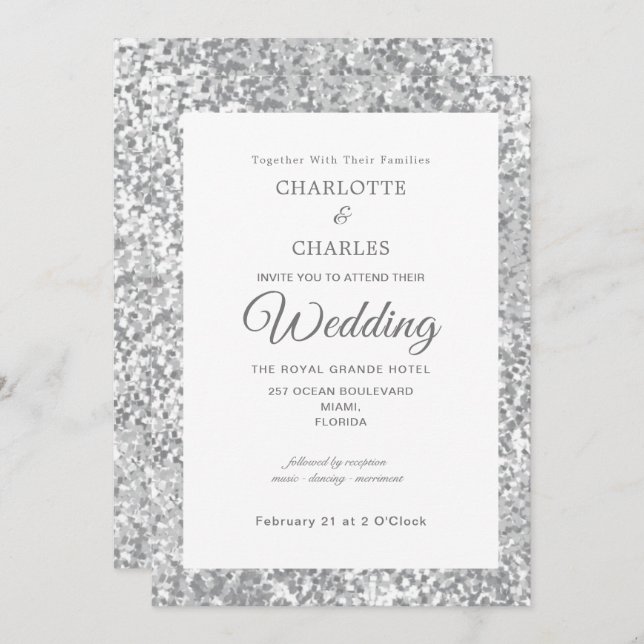 Silver Grey Glitter Elegant Chic Wedding Invitation (Front/Back)