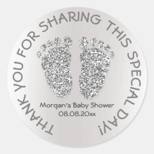 Silver Grey Glitter Feet Baby Shower Favour Thank Classic Round Sticker
