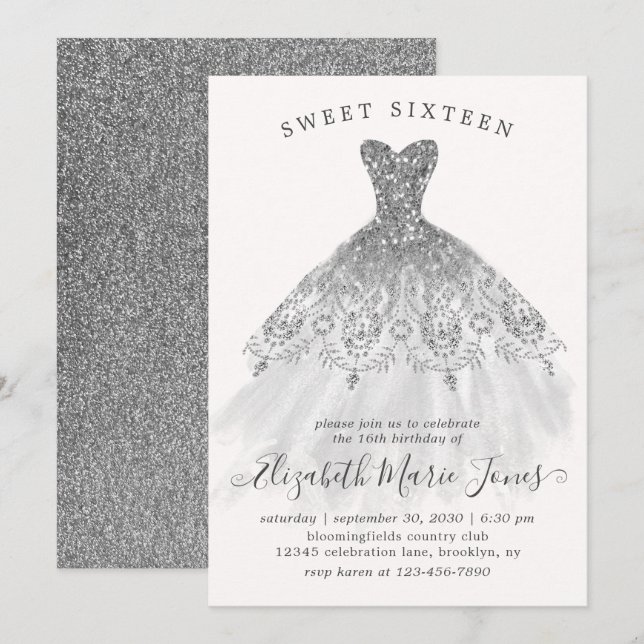 Silver Grey Glitter Glam Dress Sweet 16th Birthday Invitation (Front/Back)