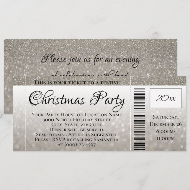 Silver Grey Glitter Holiday Christmas Party Ticket Invitation (Front/Back)