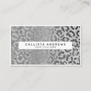 Silver Grey Glitter Leopard Animal Print Monogram Business Card