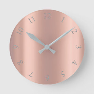 Silver Grey Glitter Minimal Pink Rose Copper Peach Round Clock