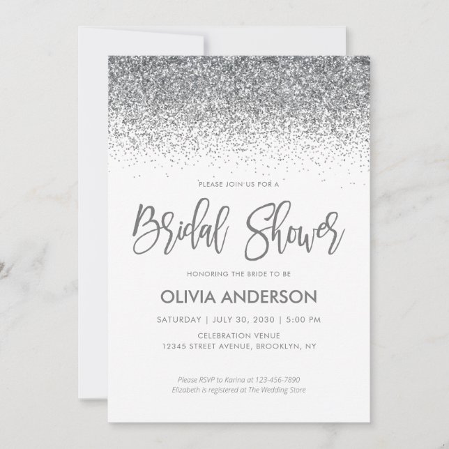 Silver Grey Glitter Sparkle Confetti Bridal Shower Invitation (Front)