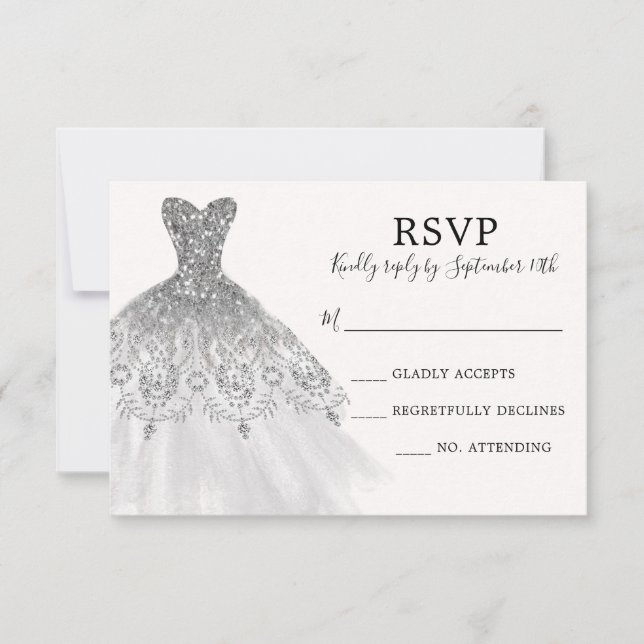 Silver Grey Glitter Sparkle Dress Gown Script RSVP Card (Front)