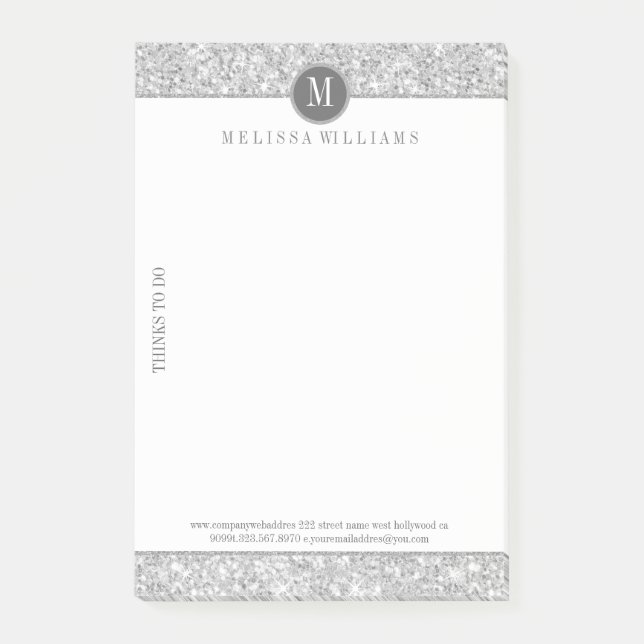Silver Grey Glitter Texture & White Post-it Notes (Front)