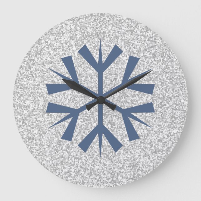 Silver Grey Glitter With Blue Snowflake Large Clock (Front)