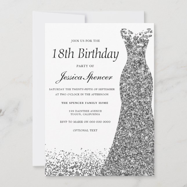 Silver Grey Glitter Womans 18th Birthday Party Invitation (Front)