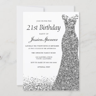 Silver Grey Glitter Womans 21st Birthday Party Invitation
