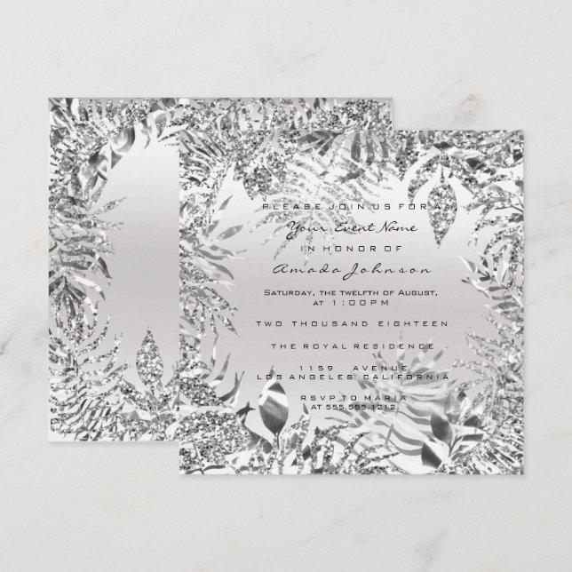 Silver Grey GlitterMetal Tropical Leaf White Frame Invitation (Front/Back)