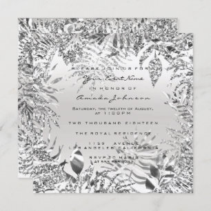 Silver Grey GlitterMetal Tropical Leaf White Frame Invitation