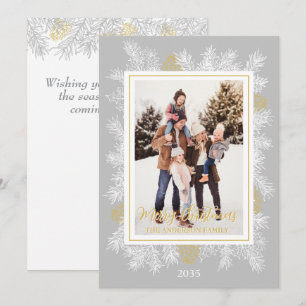 Silver Grey Gold Botanical Vintage Frame Christmas Holiday Card