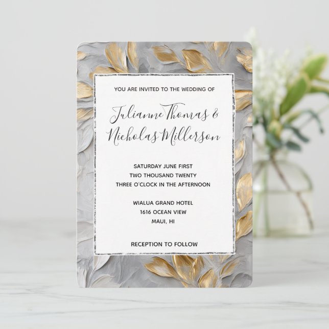 Silver Grey Gold Leaves Wedding Invitation (Standing Front)