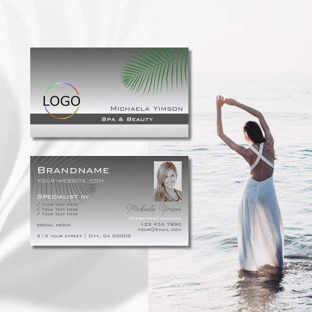 Silver Grey Gradient Palm Leaf Logo and Photo Business Card (Creator Uploaded)