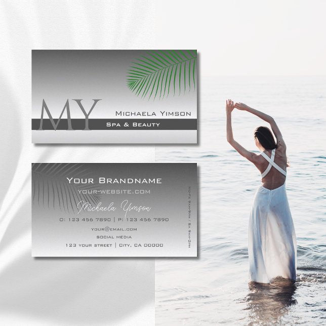 Silver Grey Gradient Palm Leaf Monogram Simply Business Card (Creator Uploaded)