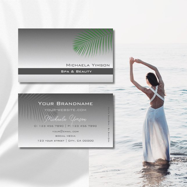 Silver Grey Gradient with Cute Palm Leaf Simple Business Card (Creator Uploaded)