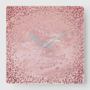 Silver Grey Graphite Diamond Crystals Marble Pink Square Wall Clock