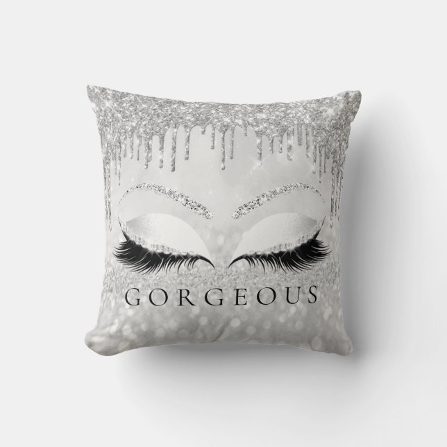 Silver Grey Grey Eyelashes Glitter Gorgeous Name Cushion (Front)