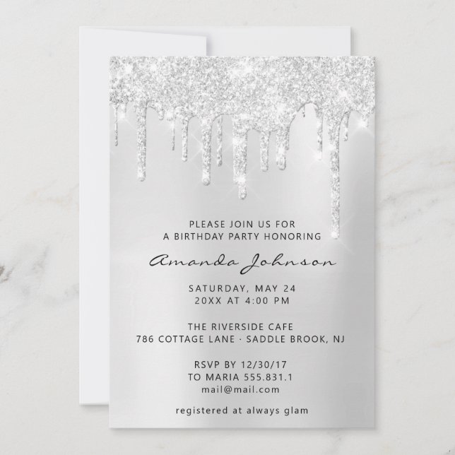 Silver Grey Grey Glitter Effect Drip s Invitation (Front)