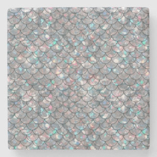 Silver Grey Grey Mermaid Fish Scales Holographic  Stone Coaster