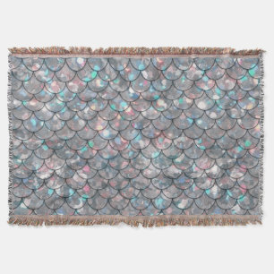 Silver Grey Grey Mermaid Fish Scales Holographic  Throw Blanket